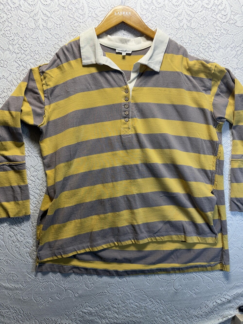 Easel Polo Shirt Womens Medium Yellow Gray Striped Long Sleeve Tunic Top